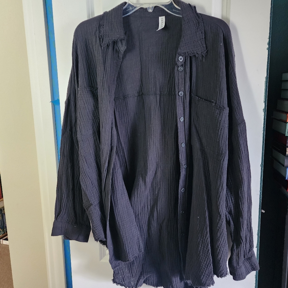 Zenana Black Cotton Flowy Button Up